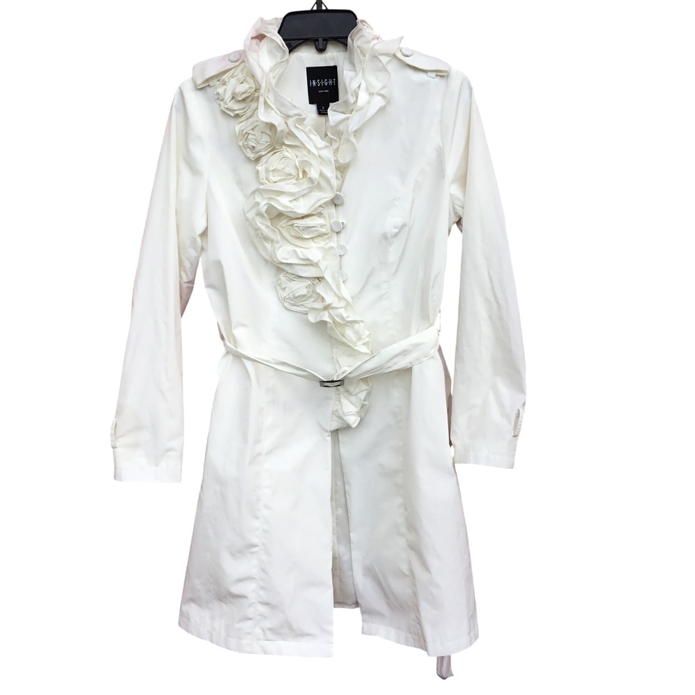 Insight‎ New York White Rosette Ruffle Belted Trench Coat Jacket Womens Size 2